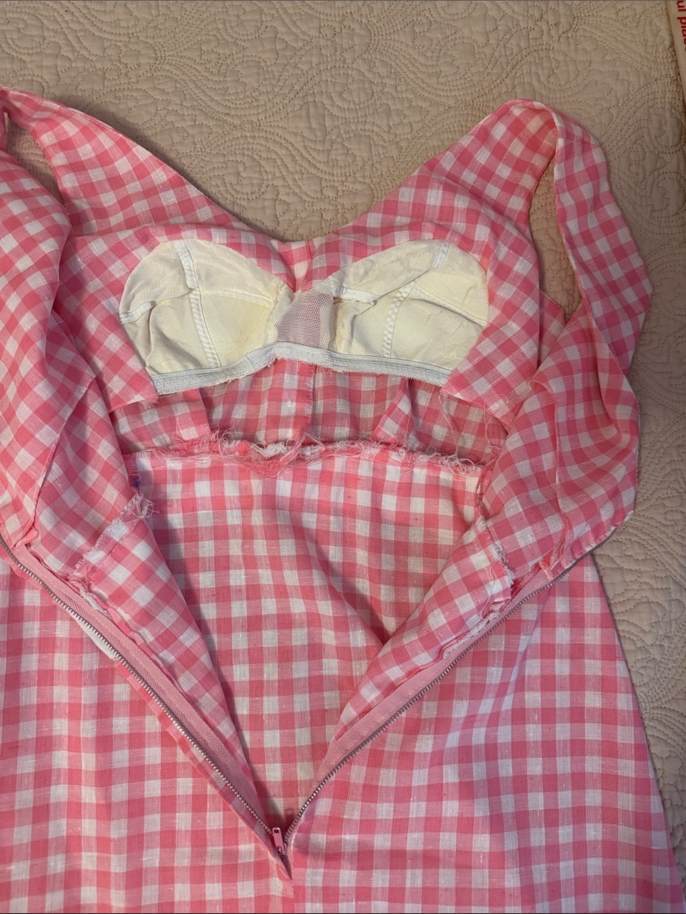 VINTAGE handmade Sleeveless Pink Gingham Belted Dress - Picture 6 of 10